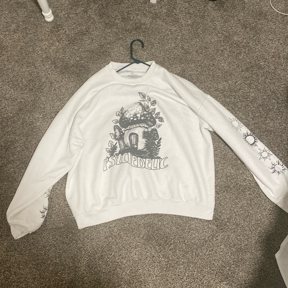 crew neck, that says psychedelic with mushrooms and suns